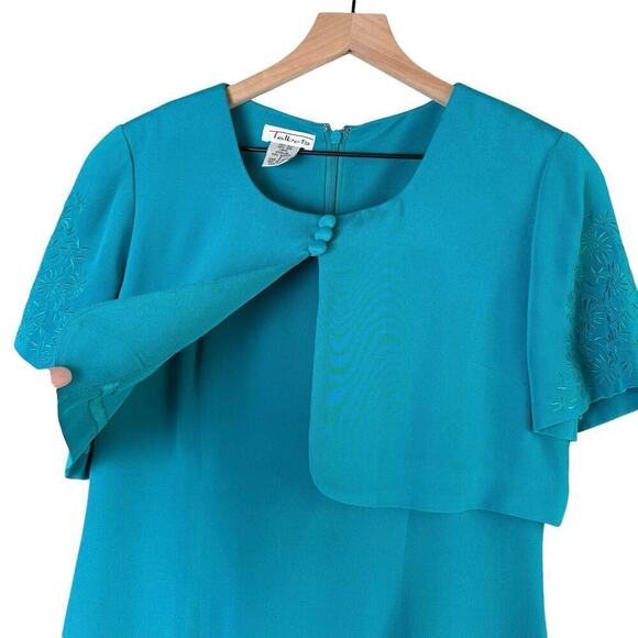 Talbots Vintage Silk Midi Dress in Teal with Attached Short Sleeve Cardigan Sz 8 - Picture 5 of 12